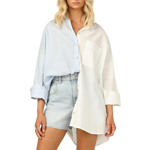 Contrast Patchwork Single-breasted Shoulder-Drop Long Sleeve Shirt